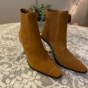 Good American Suede Tan Clear Heel Ankle Booties